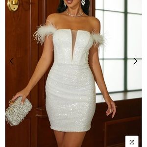 Off-Shoulder Feather Sequin Dress